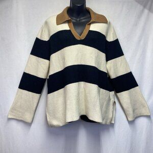 A New Day Knit Striped Collared V-Neck Pullover Sweater Women Large Navy-Cream